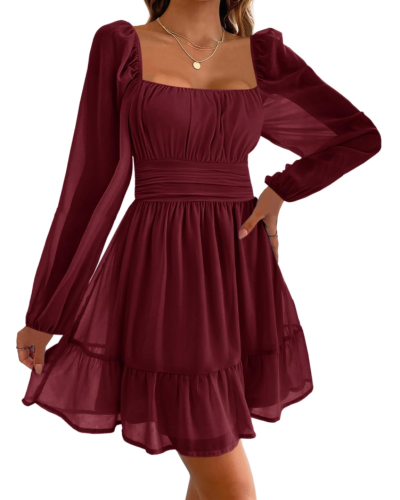 Madeline Women's Evening Dress – Square Neckline, Tulle Sleeves, and Ruffles