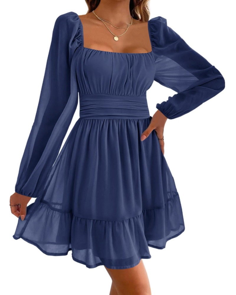 Madeline Women's Evening Dress – Square Neckline, Tulle Sleeves, and Ruffles