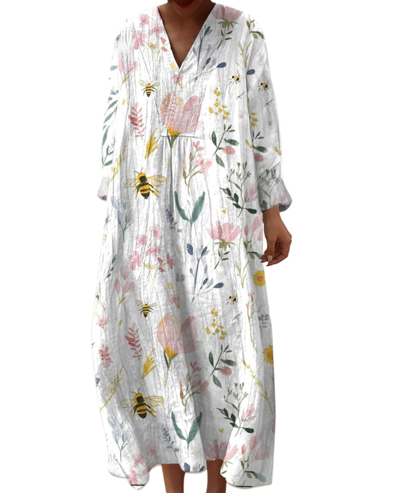 Vestido Midi Elena para Mujer – Vestido Bohemio Floral en Línea A con Escote en V y Mangas Largas