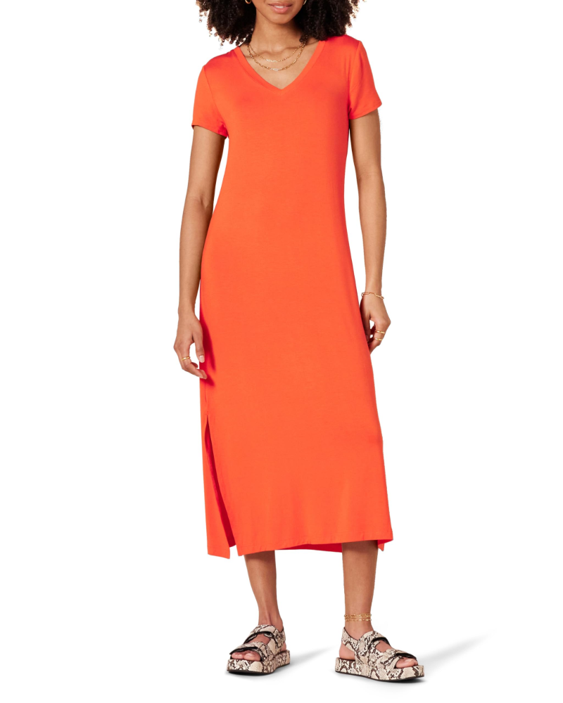 Morgan Robe Midi Femme – Robe en Jersey de Viscose avec Col en V et Fentes