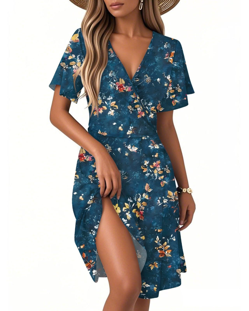Isla Robe d'été pour femme – Robe fleurie à ligne A avec col en V et volants