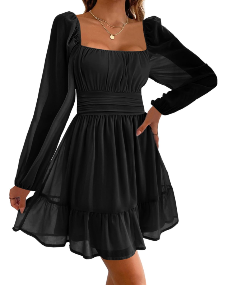 Madeline Women's Evening Dress – Square Neckline, Tulle Sleeves, and Ruffles