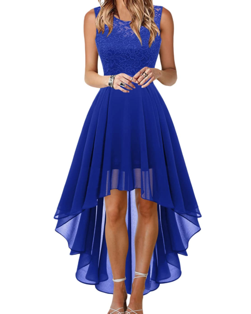Blaire Women's Cocktail Dress – Asymmetric Lace and Chiffon Dress with Belt