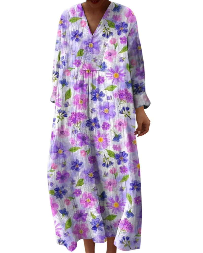 Vestido Midi Elena para Mujer – Vestido Bohemio Floral en Línea A con Escote en V y Mangas Largas
