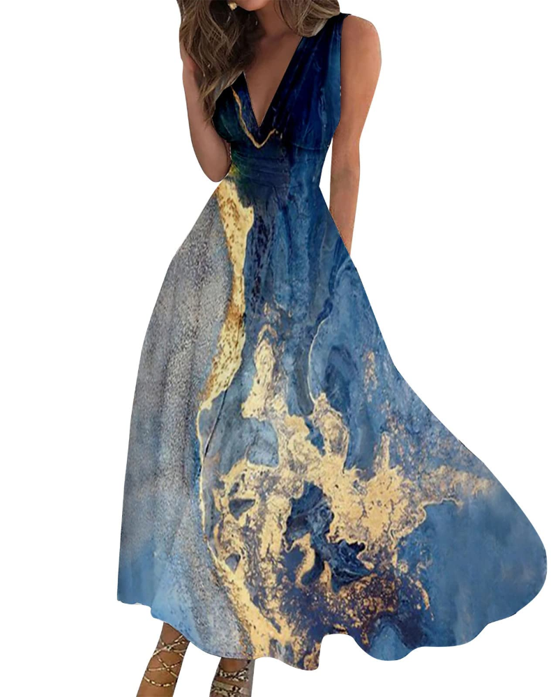 Camille Abito Maxi Donna – Rochie Boho Florală fără Mâneci cu Decolteu în V