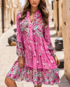 Adeline Vestido Midi para Mujer – Vestido de Verano en Lino Plisado con Mangas Cortas