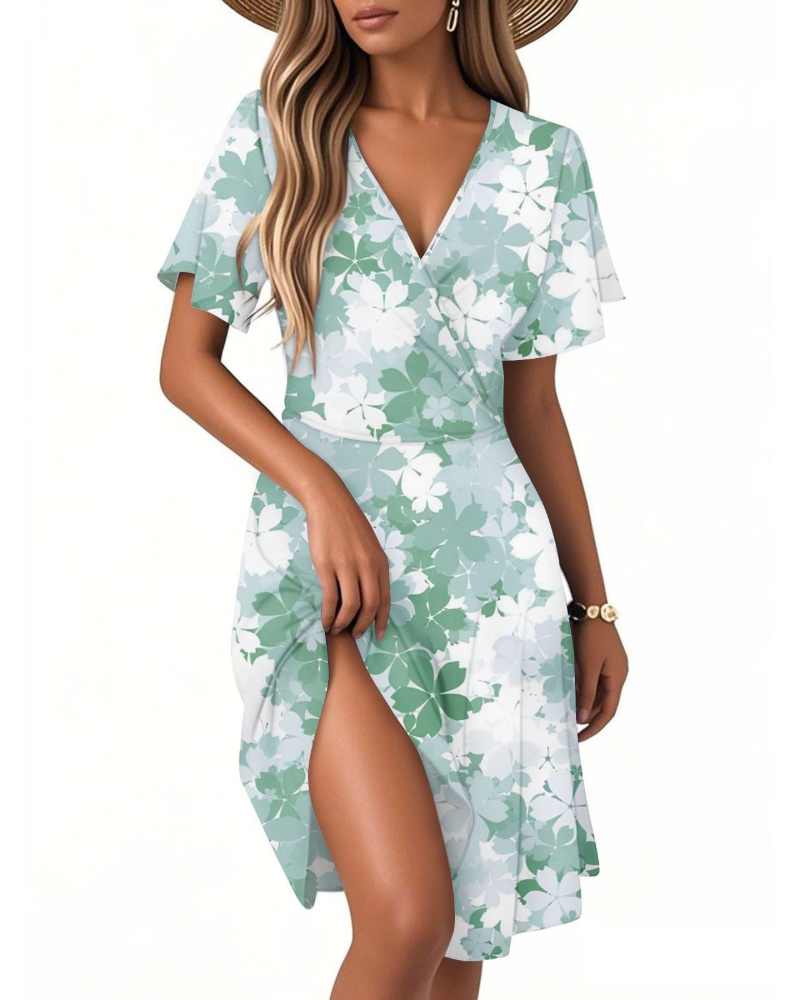 Isla Robe d'été pour femme – Robe fleurie à ligne A avec col en V et volants