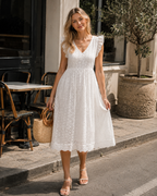 Ottilie Women's Midi Dress in Cotton – V-Neck, Puff Sleeves, and Pockets
