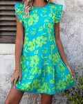Robe courte fleurie Chelsea pour femme – Col rond, manches volantées et tissu extensible