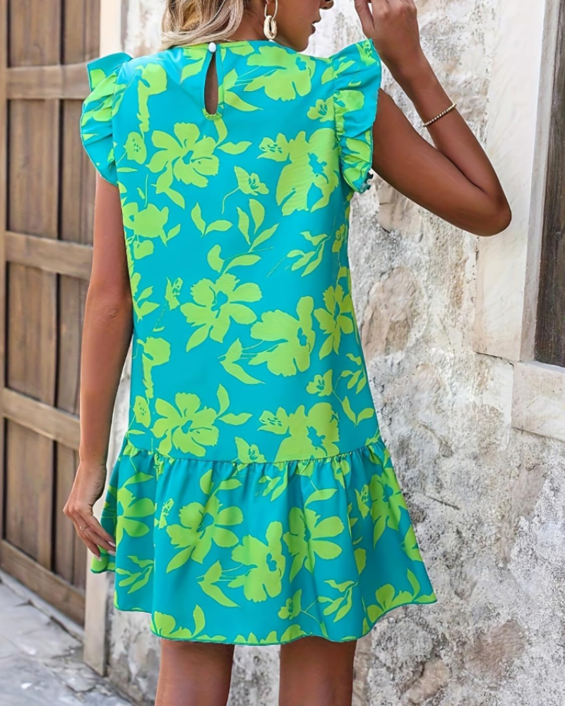 Robe courte fleurie Chelsea pour femme – Col rond, manches volantées et tissu extensible