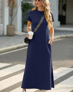 Vestido largo para mujer Maya – Cuello alto, abertura lateral, bolsillos y tejido transpirable