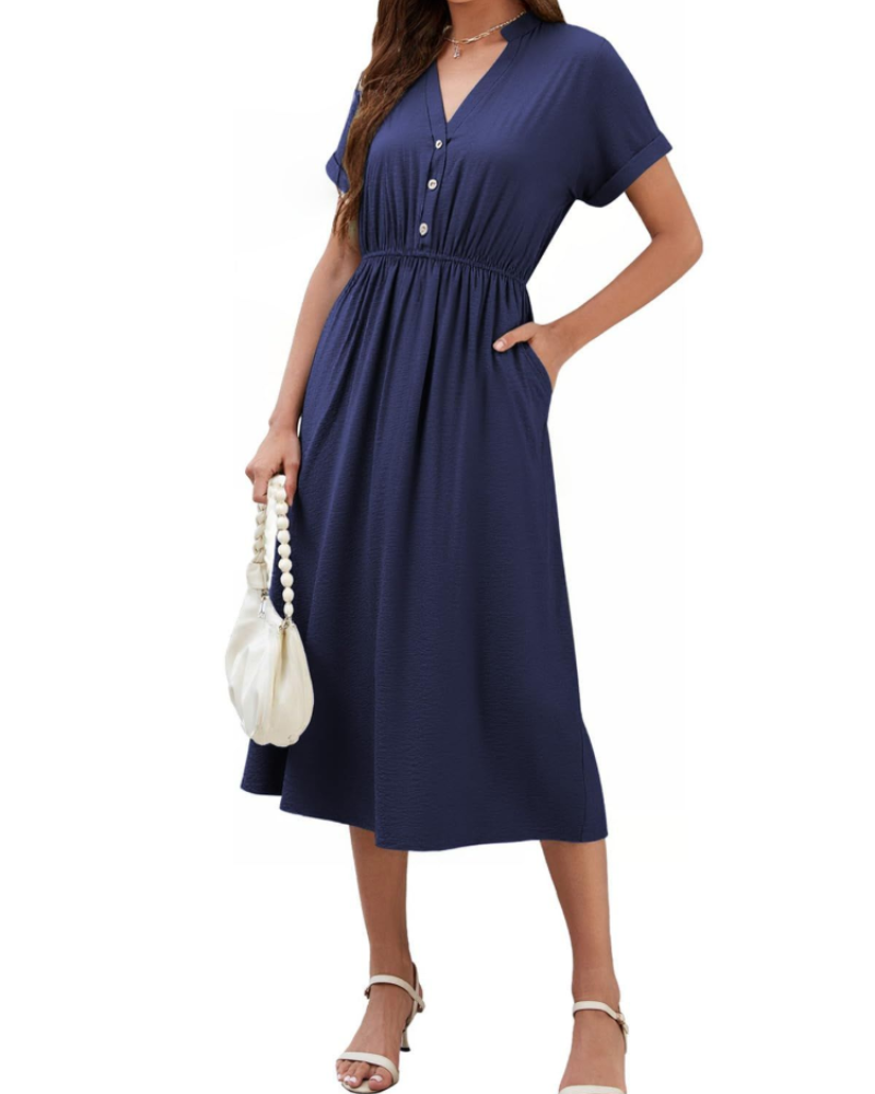 Chloe Vestito Donna Estivo – Scollo a V, Maniche Corte, Bottoni & Tasche