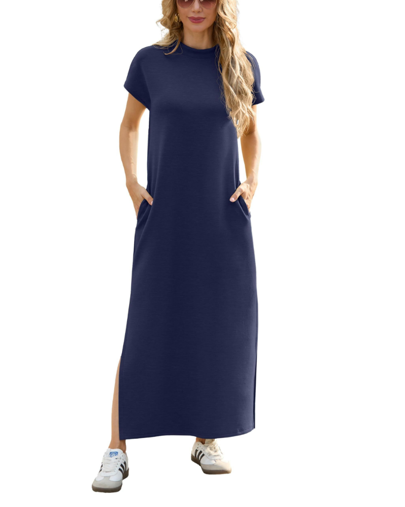 Vestido largo para mujer Maya – Cuello alto, abertura lateral, bolsillos y tejido transpirable