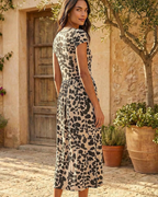 Zoe Abito Donna – Rochie midi din jerseu elastic cu imprimeu patchwork, buzunare și decolteu rotund