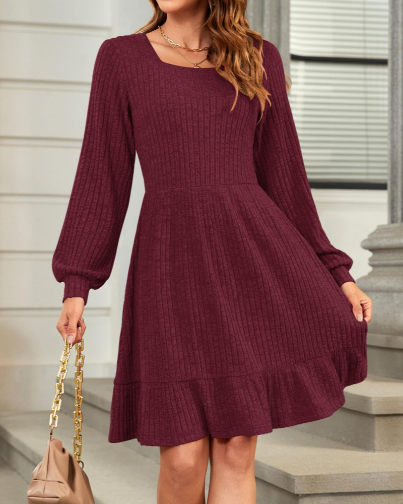 Olivia Vestido de Mujer – Vestido de Punto hasta la Rodilla con Escote Cuadrado y Mangas Globo