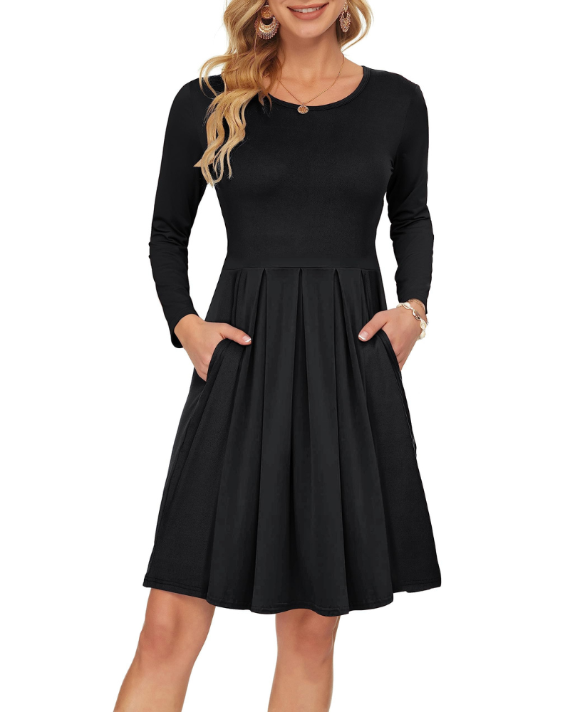 Nora Vestido de Mujer – Vestido Swing hasta la Rodilla con Mangas Largas, Cuello Redondo y Bolsillos