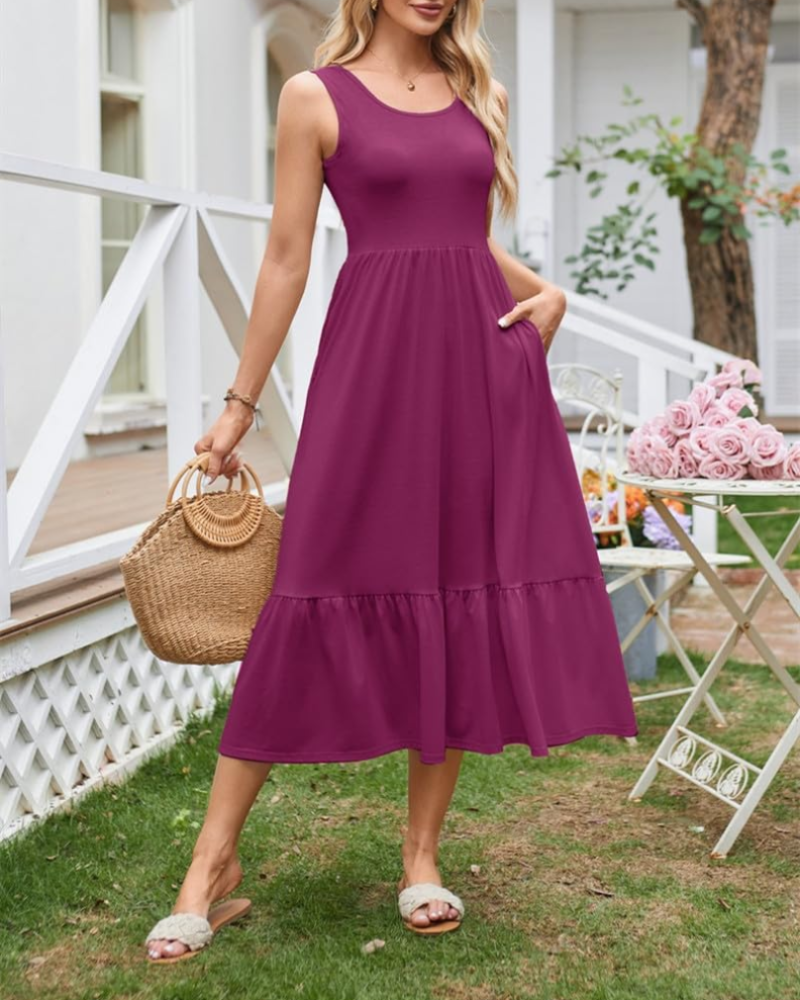 Ivy Dámske šaty – letné maxi šaty bez rukávov s okrúhlym výstrihom a vrstveným dizajnom