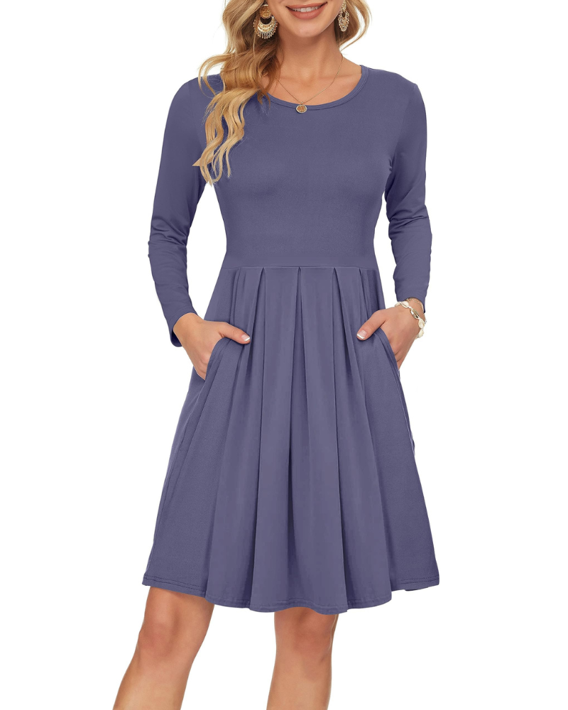 Nora Vestido de Mujer – Vestido Swing hasta la Rodilla con Mangas Largas, Cuello Redondo y Bolsillos