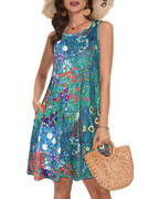 Robe midi Naomi pour femme – sans manches, col rond, poches et imprimé floral