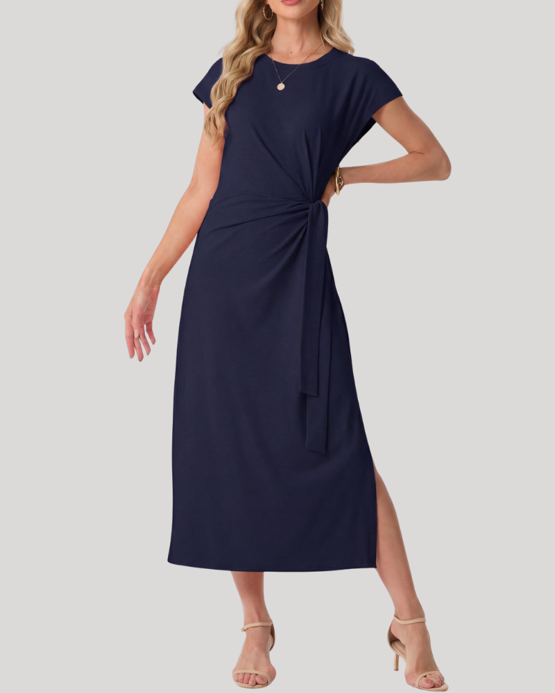Hailey Women's Midi Dress – Summer A-Line Dress with Belt and Side Slit