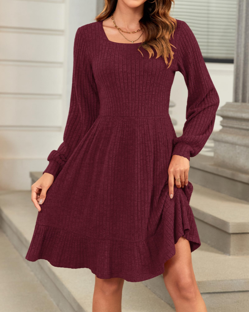 Olivia Vestido de Mujer – Vestido de Punto hasta la Rodilla con Escote Cuadrado y Mangas Globo