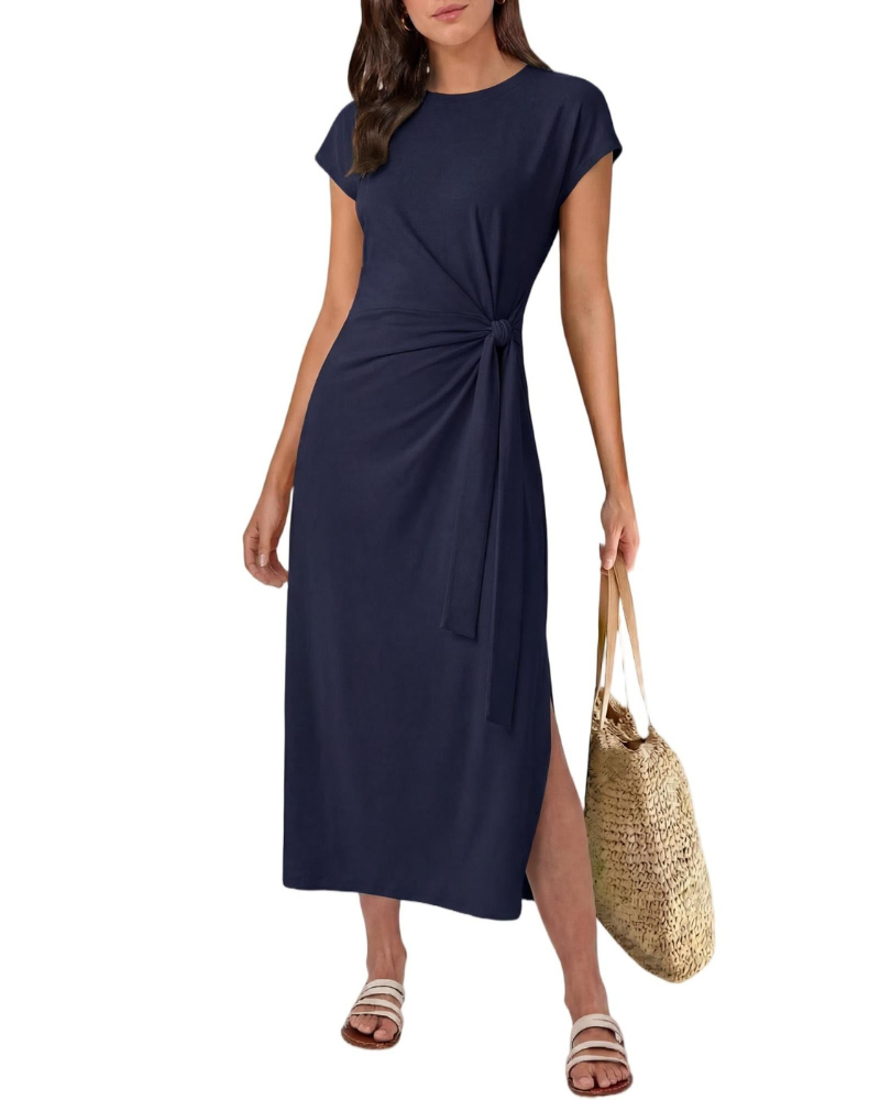 Hailey Women's Midi Dress – Summer A-Line Dress with Belt and Side Slit