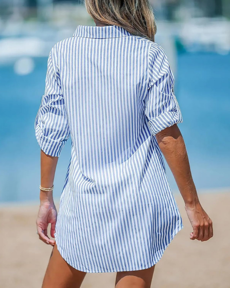 Brooke Abito Camicia Donna – Righe, Scollo a V, Maniche Lunghe Arrotolabili e Bottoni