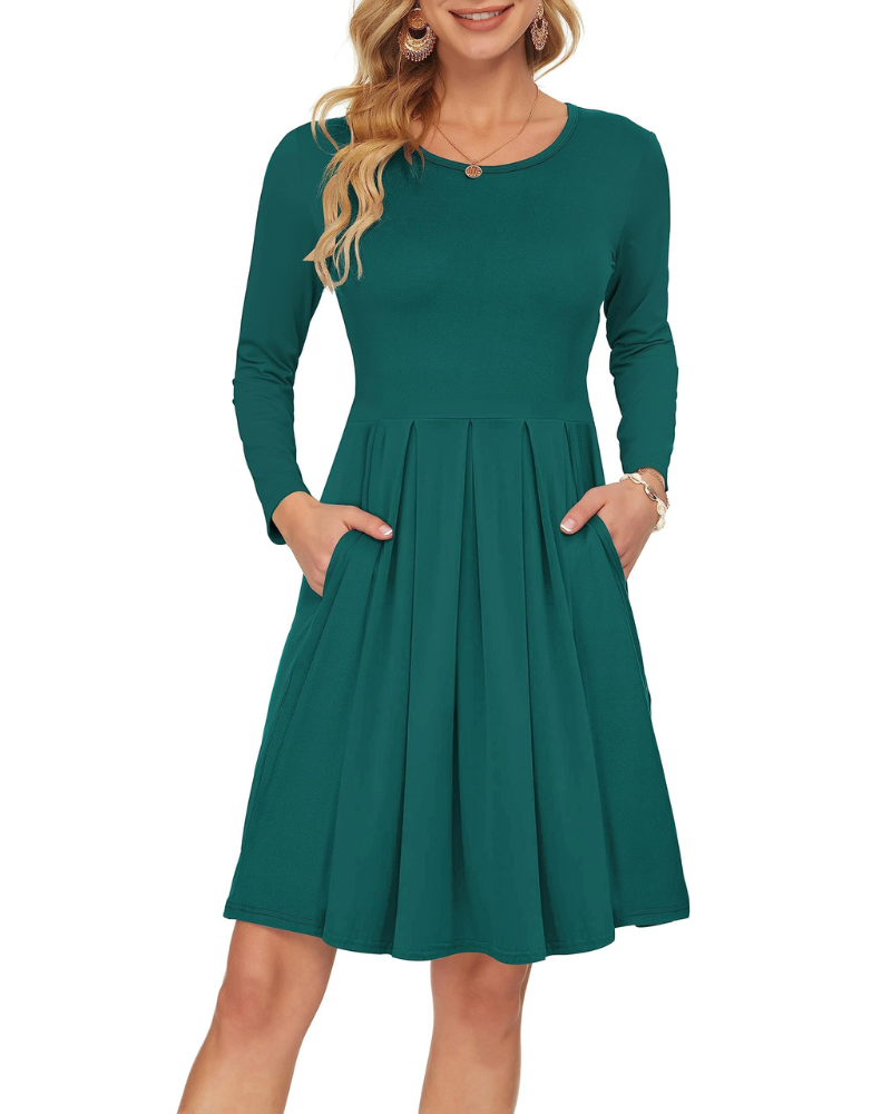 Nora Vestido de Mujer – Vestido Swing hasta la Rodilla con Mangas Largas, Cuello Redondo y Bolsillos