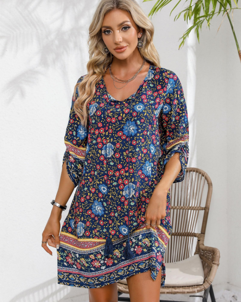 Ruby Vestido Mujer – Vestido Túnica Boho Floral con Mangas 3/4, Lazo y Corte Suelto