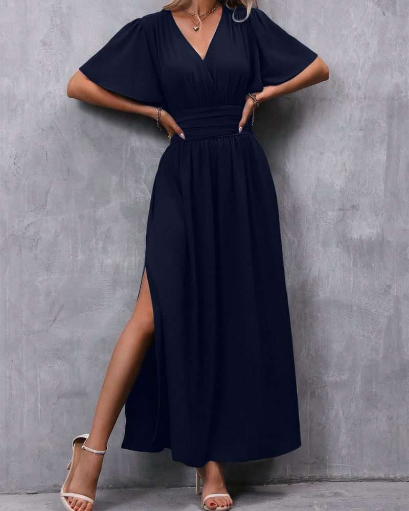 Marina Abito Maxi Donna – Elegantní šaty s výstřihem do V, rozparkem a motýlími rukávy