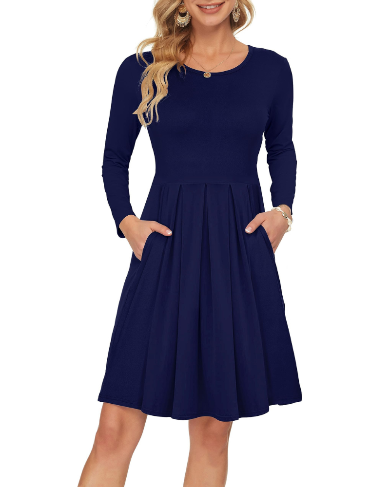Nora Vestido de Mujer – Vestido Swing hasta la Rodilla con Mangas Largas, Cuello Redondo y Bolsillos