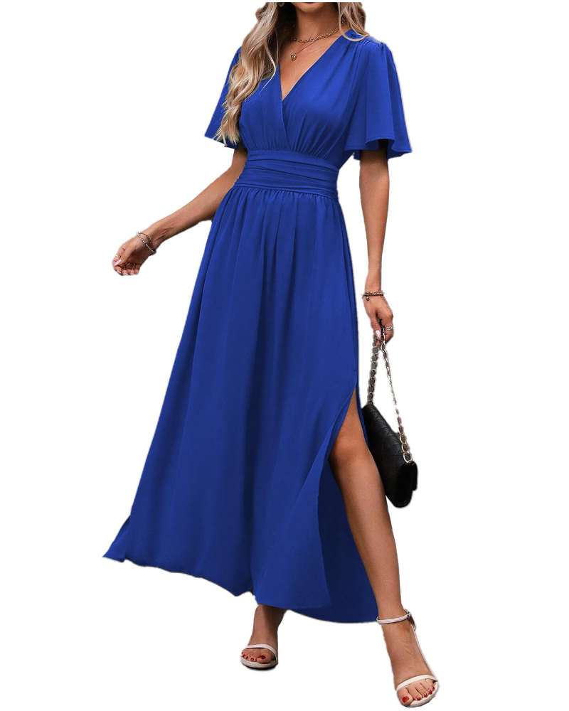 Marina Abito Maxi Donna – Elegantní šaty s výstřihem do V, rozparkem a motýlími rukávy