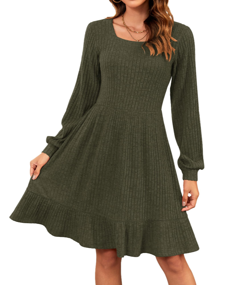 Olivia Vestido de Mujer – Vestido de Punto hasta la Rodilla con Escote Cuadrado y Mangas Globo