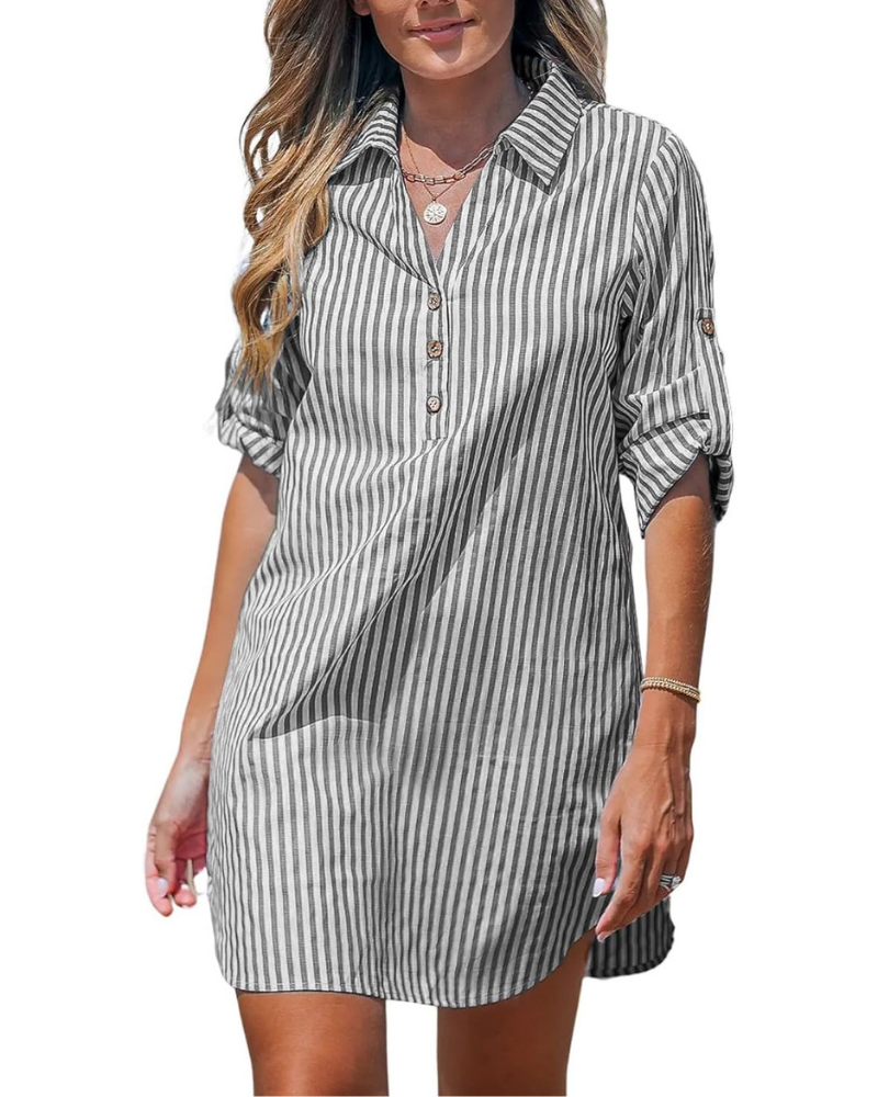 Brooke Abito Camicia Donna – Righe, Scollo a V, Maniche Lunghe Arrotolabili e Bottoni