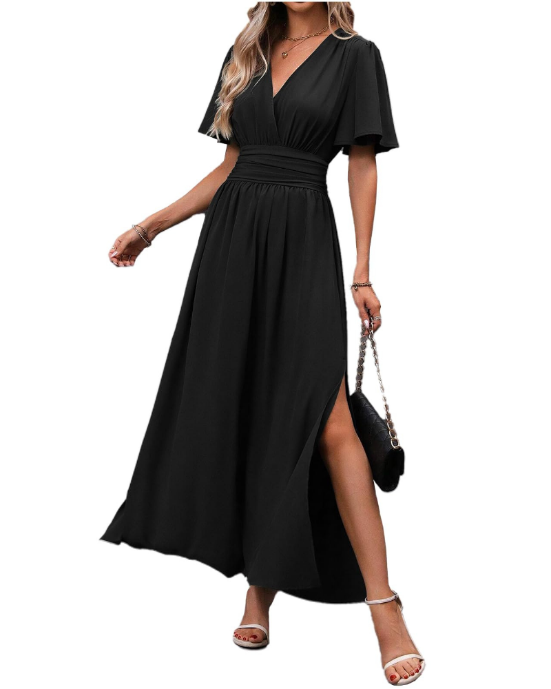 Marina Abito Maxi Donna – Elegantní šaty s výstřihem do V, rozparkem a motýlími rukávy