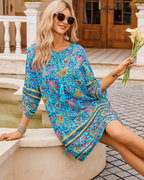 Ruby Women's Dress – Boho Floral Tunic Dress with 3/4 Sleeves, Bow & Soft Fit