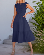 Ella Women's Dress – Midi Smock Dress with Flutter Sleeves, High Waist & Tiered Skirt