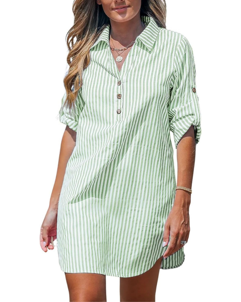 Brooke Abito Camicia Donna – Righe, Scollo a V, Maniche Lunghe Arrotolabili e Bottoni