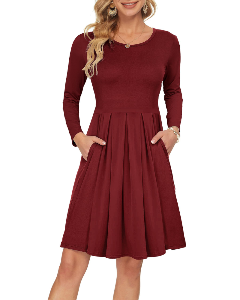 Nora Vestido de Mujer – Vestido Swing hasta la Rodilla con Mangas Largas, Cuello Redondo y Bolsillos
