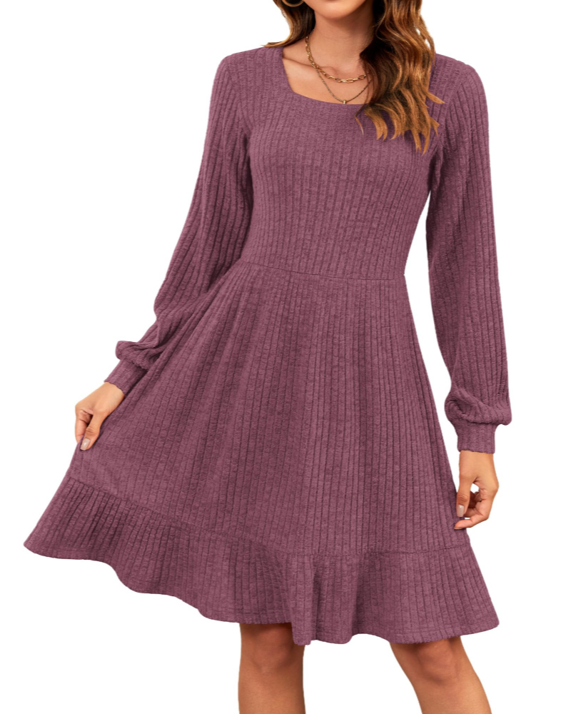 Olivia Vestido de Mujer – Vestido de Punto hasta la Rodilla con Escote Cuadrado y Mangas Globo