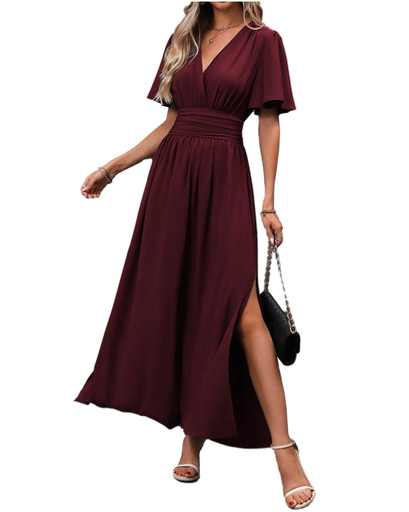 Marina Abito Maxi Donna – Elegantní šaty s výstřihem do V, rozparkem a motýlími rukávy