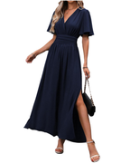 Marina Abito Maxi Donna – Elegantní šaty s výstřihem do V, rozparkem a motýlími rukávy