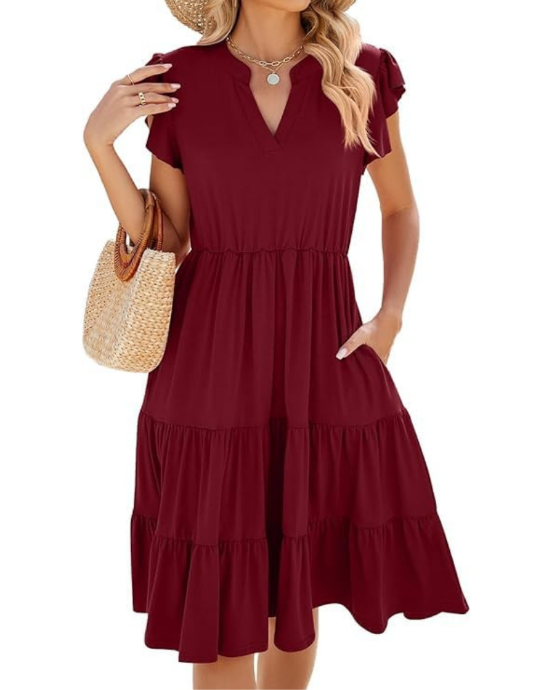 Rosalie Abito Donna – Letné midi šaty s výstrihom do V, volánmi, plisovaním a vreckami
