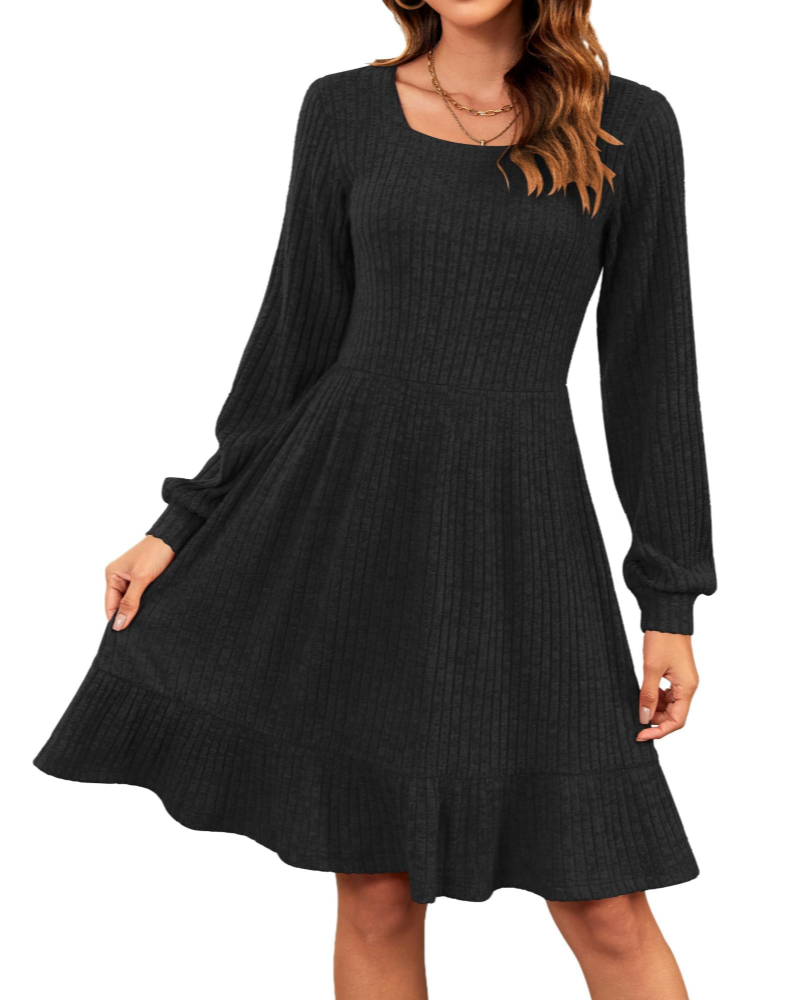 Olivia Vestido de Mujer – Vestido de Punto hasta la Rodilla con Escote Cuadrado y Mangas Globo