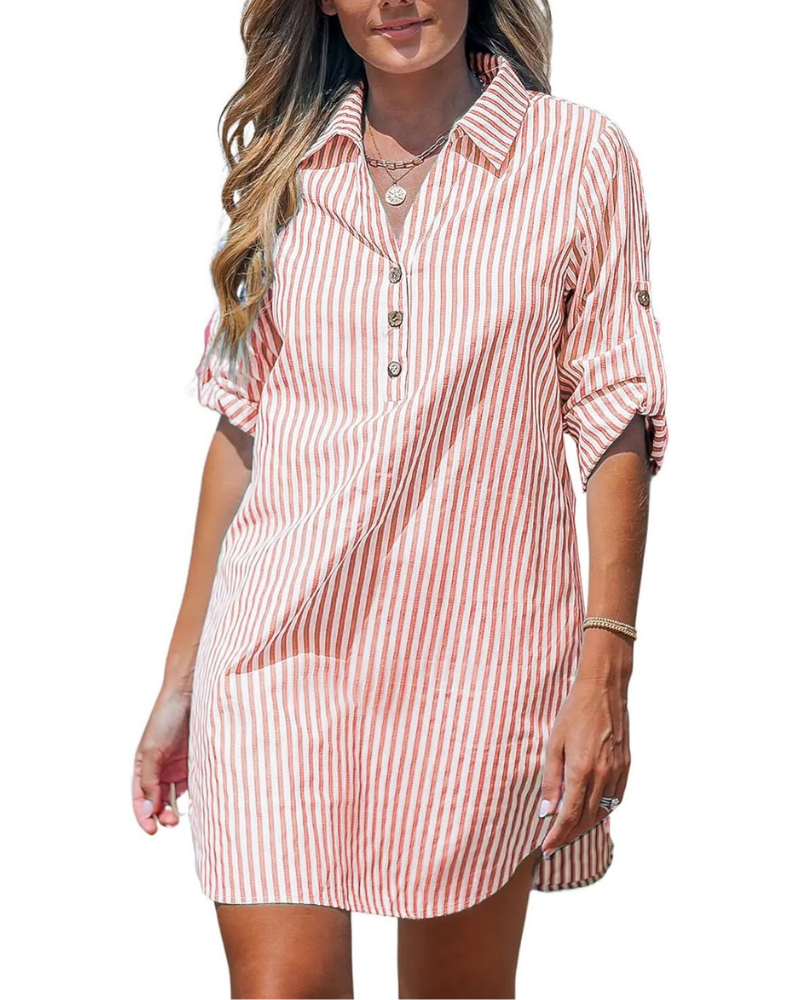 Brooke Abito Camicia Donna – Righe, Scollo a V, Maniche Lunghe Arrotolabili e Bottoni