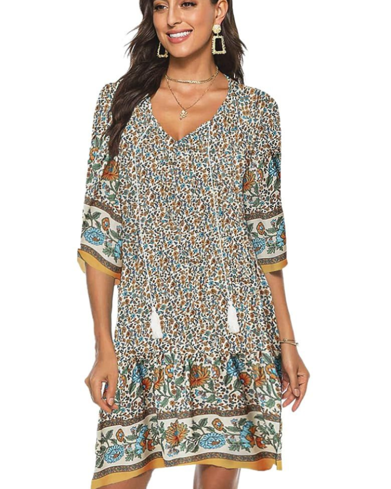 Daphne Vestito Donna Boho – Stampa Floreale, Scollo a V, Maniche 3/4 & Fit Morbido
