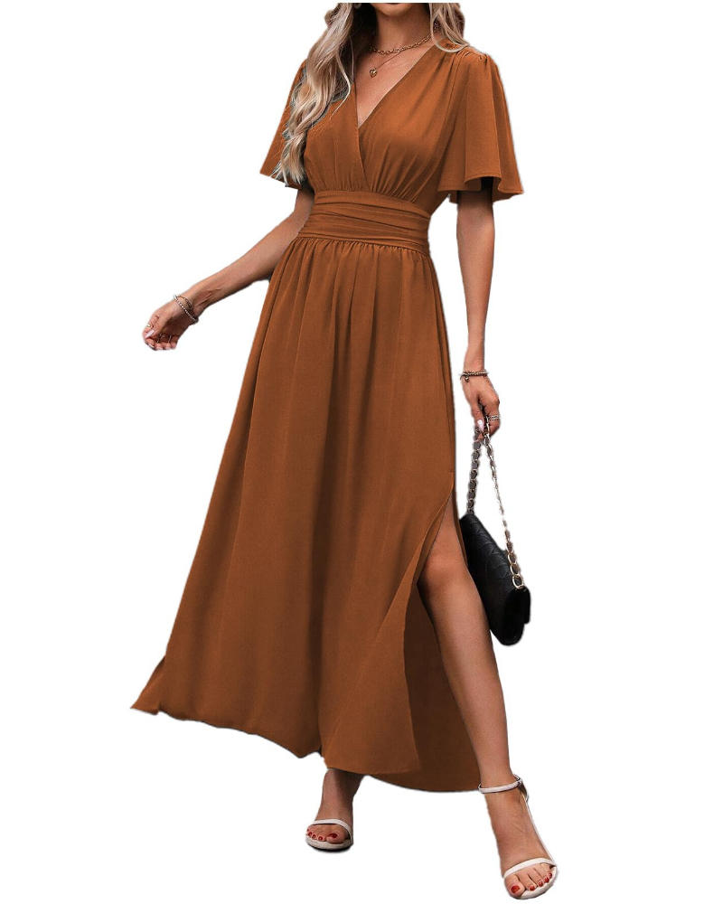 Marina Abito Maxi Donna – Elegantní šaty s výstřihem do V, rozparkem a motýlími rukávy