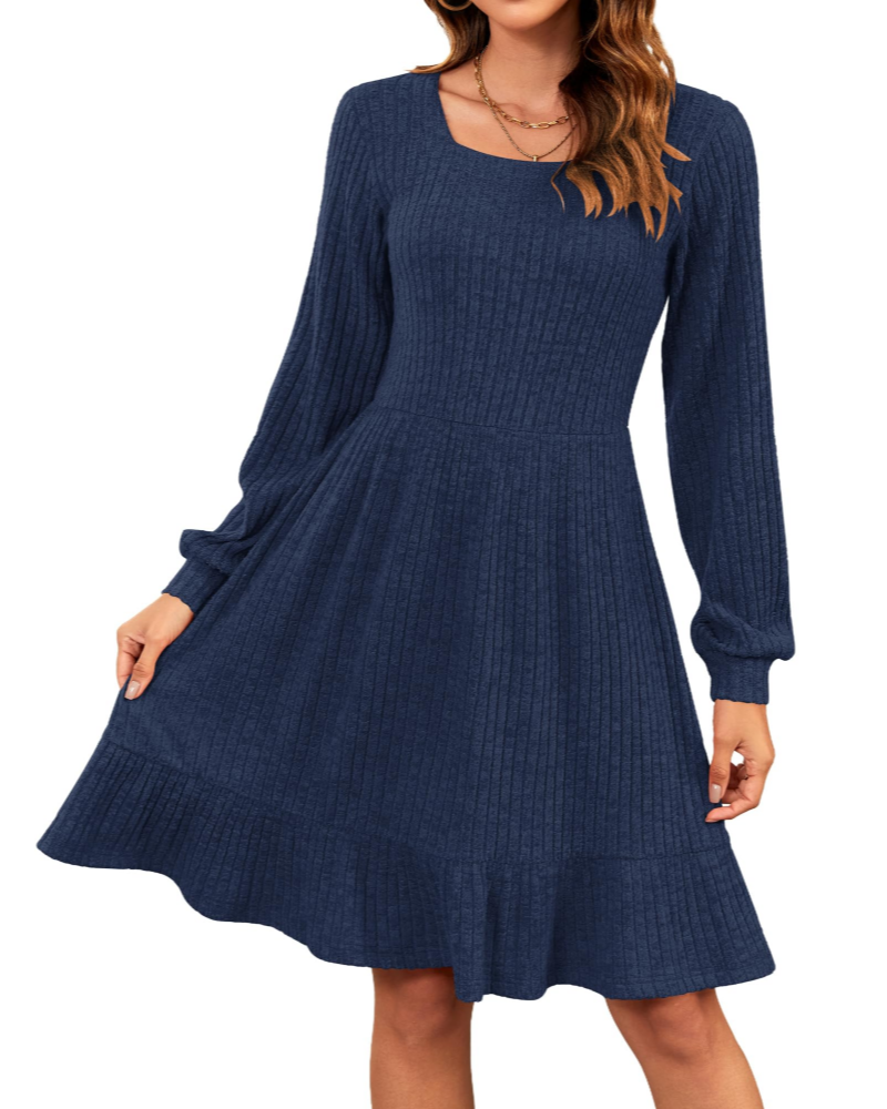 Olivia Vestido de Mujer – Vestido de Punto hasta la Rodilla con Escote Cuadrado y Mangas Globo