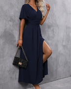 Marina Abito Maxi Donna – Elegantní šaty s výstřihem do V, rozparkem a motýlími rukávy