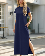 Vestido largo para mujer Maya – Cuello alto, abertura lateral, bolsillos y tejido transpirable